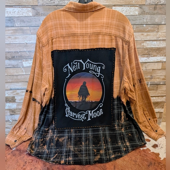 Neil Young Harvest Moon Graphic Upcycled Flannel Shirt - Picture 1 of 15